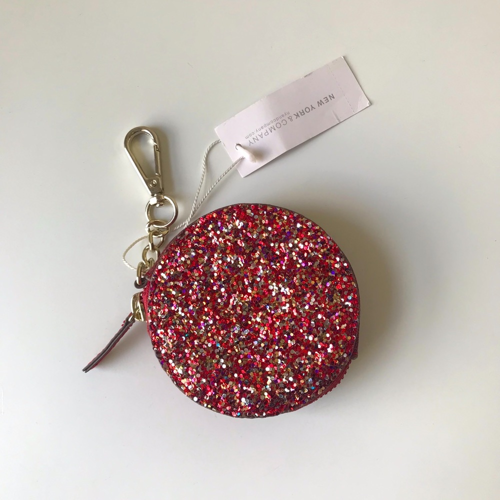 New York & Company Glitter Round Zipper Pouch Bag Charm Key Chain, NWT